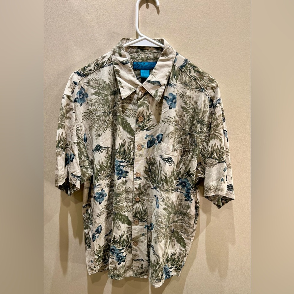 Paradise Blue Men Short Sleeve Shirt Size L, Hawaiian Style Pattern, Silk/cotton